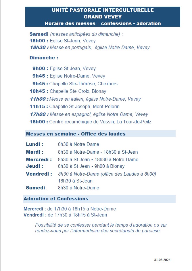 Horaire des messes dès septembre 2024